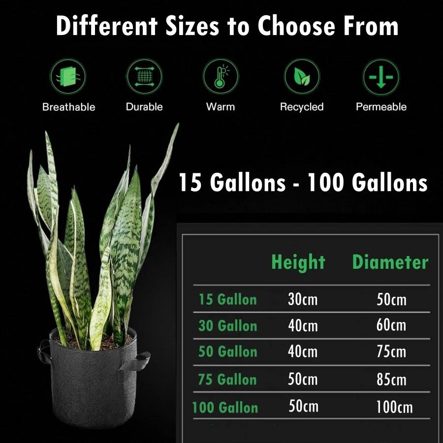 Grands sacs de culture de plantes non tissées, 15 à 100 Gallons, 2 pièces, avec poignées, Pots de pl