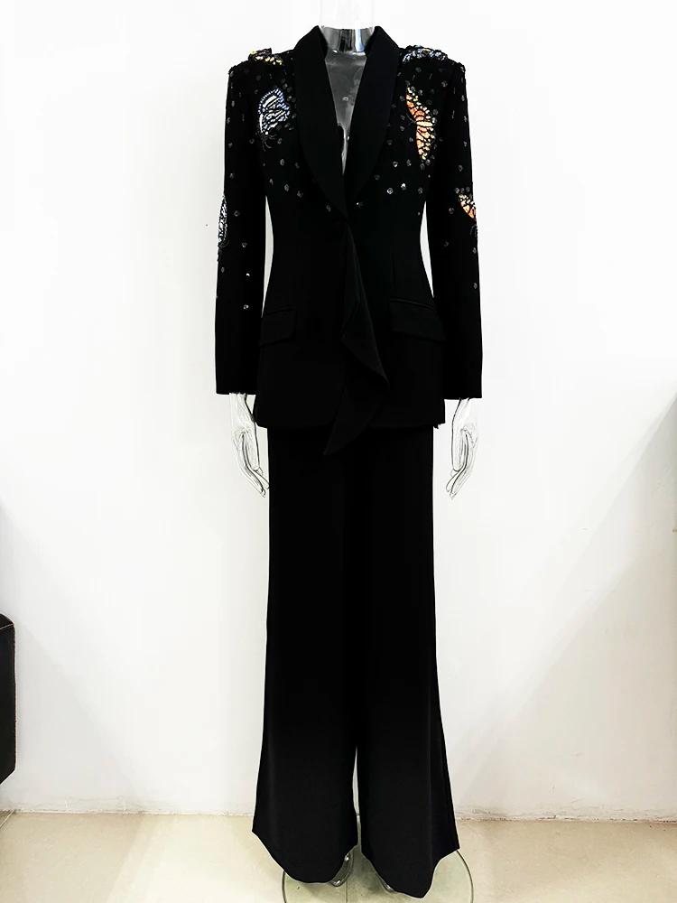 Blazer perlé papillon 3D pour femme, ensemble pantalon large, nouvelle mode, designer, piste trempée