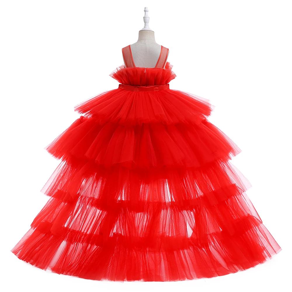 Robe à fleurs bouffante rouge en Tulle pour filles, robes de fête de première Communion pour enfants