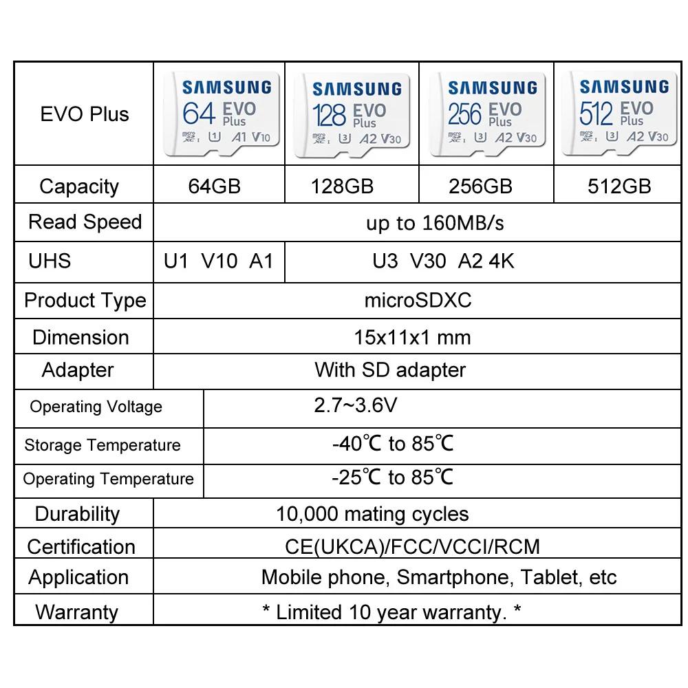 SAMSUNG EVO/PRO Plus carte mémoire 64G A1 carte Micro SD 128G 256G 512G U3 A2 V30 enregistreur de le