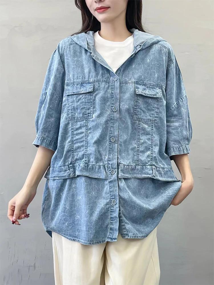 Amax luluE été femmes Denim à capuche hauts floraux mode surdimensionné imprimé chemises dames décon