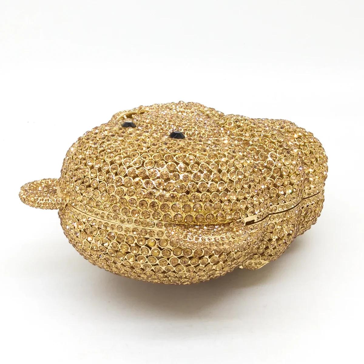 Boutique De FGG ours doré Teddy femmes or cristal soirée pochette strass Minaudiere sacs à main sac 