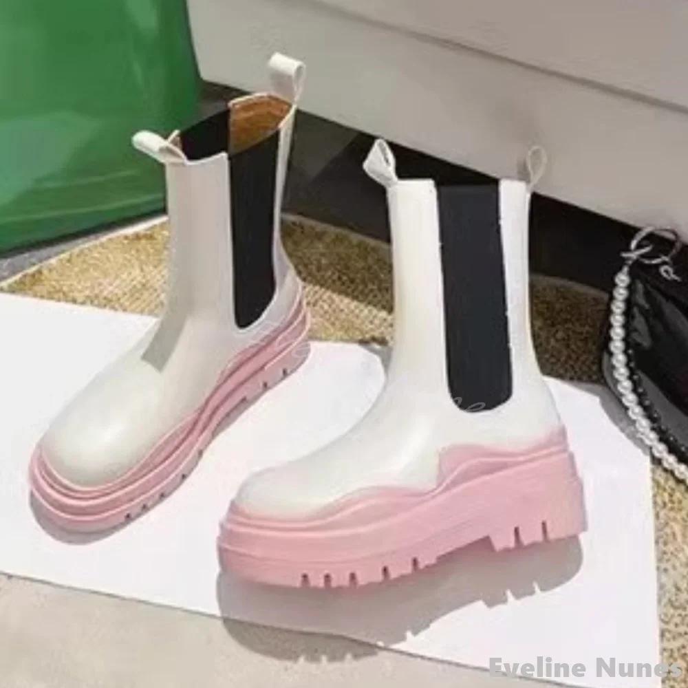 Bottes mi-mollet à semelle optique rose pour femmes, bottes rondes Parker, talon épais, sans lacet, 