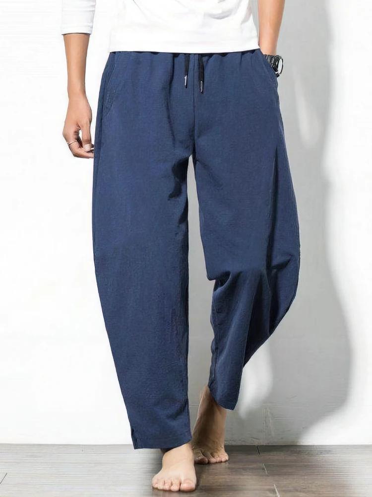 Coton lin survêtement pantalon hommes Baggy pantalon décontracté mâle marche jambe large lâche coton