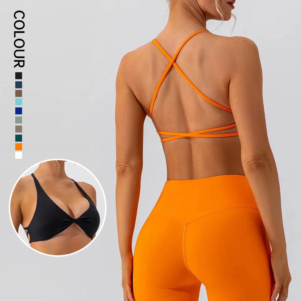 SHINBENE – soutien-gorge de sport rembourré avec bretelles croisées, dos nu, Fitness, sans manches,