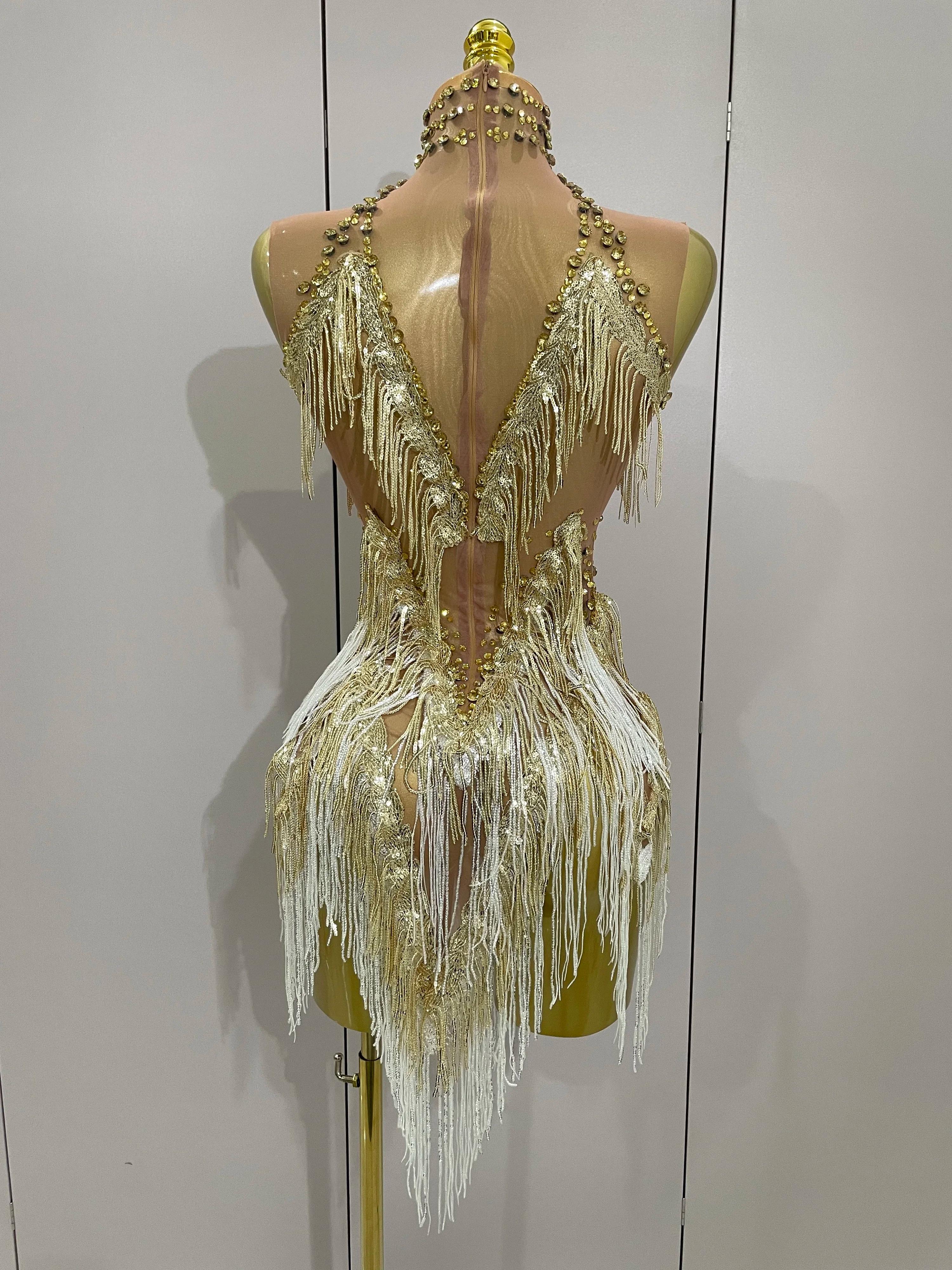 Stock 2025 femmes Sexy maille extensible brillant strass glands Mini robe discothèque chanteur danse