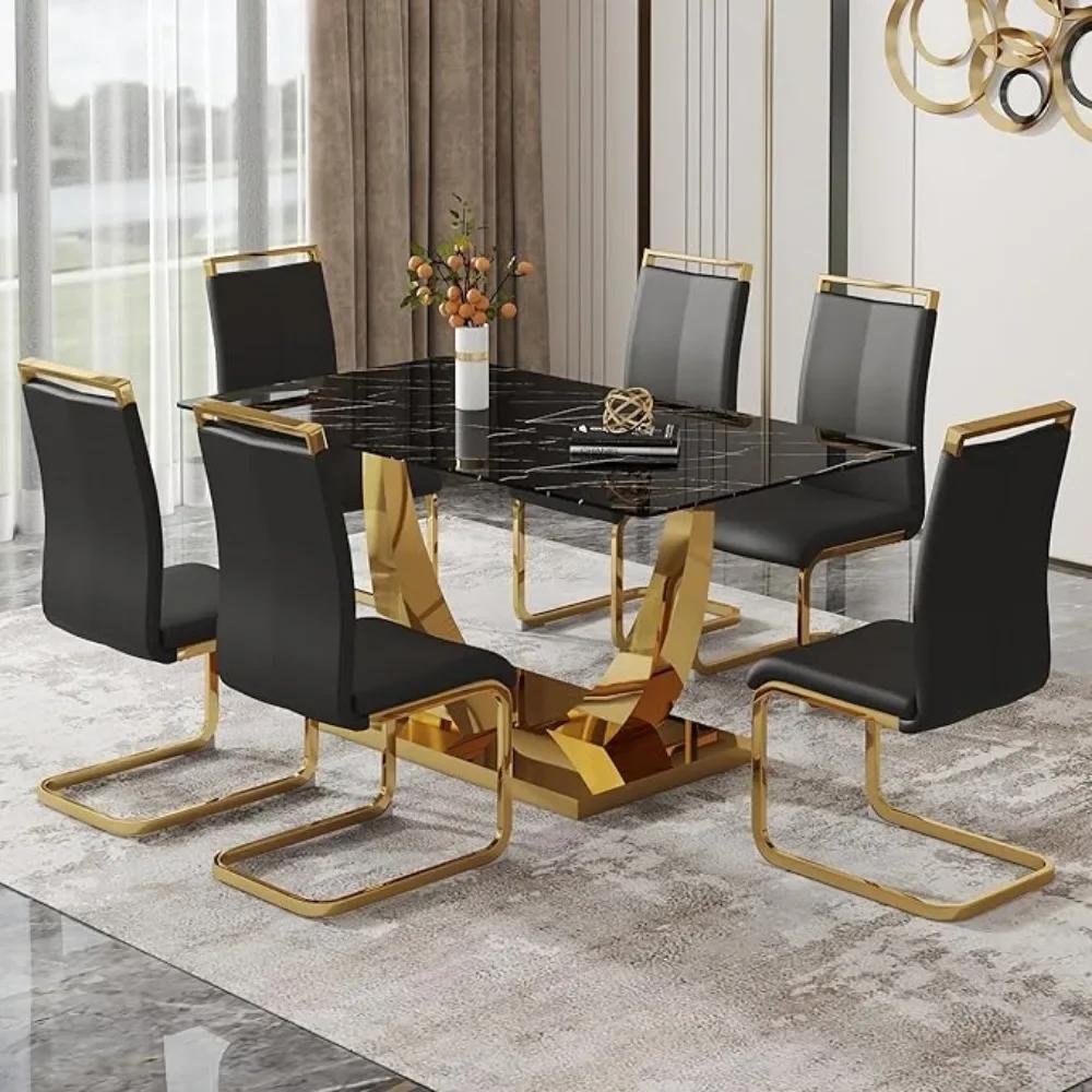 Ensemble de Table à manger en or de mode moderne, ensemble de Table de salle à manger de 63 pouces p