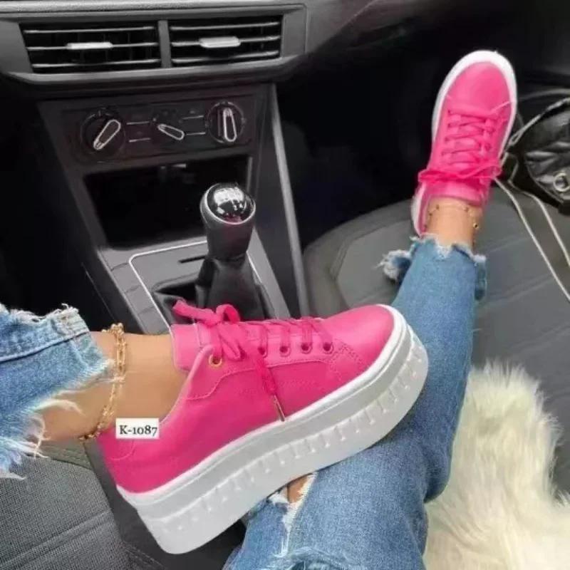 Baskets légères à plateforme en cuir PU pour femmes, chaussures de sport à tête ronde, à lacets, vul