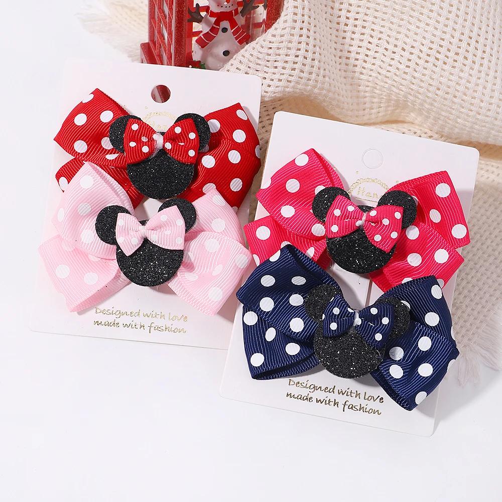 Pinces à cheveux avec nœud à pois pour filles, 2 pièces/ensemble, épingles à cheveux de dessin animé
