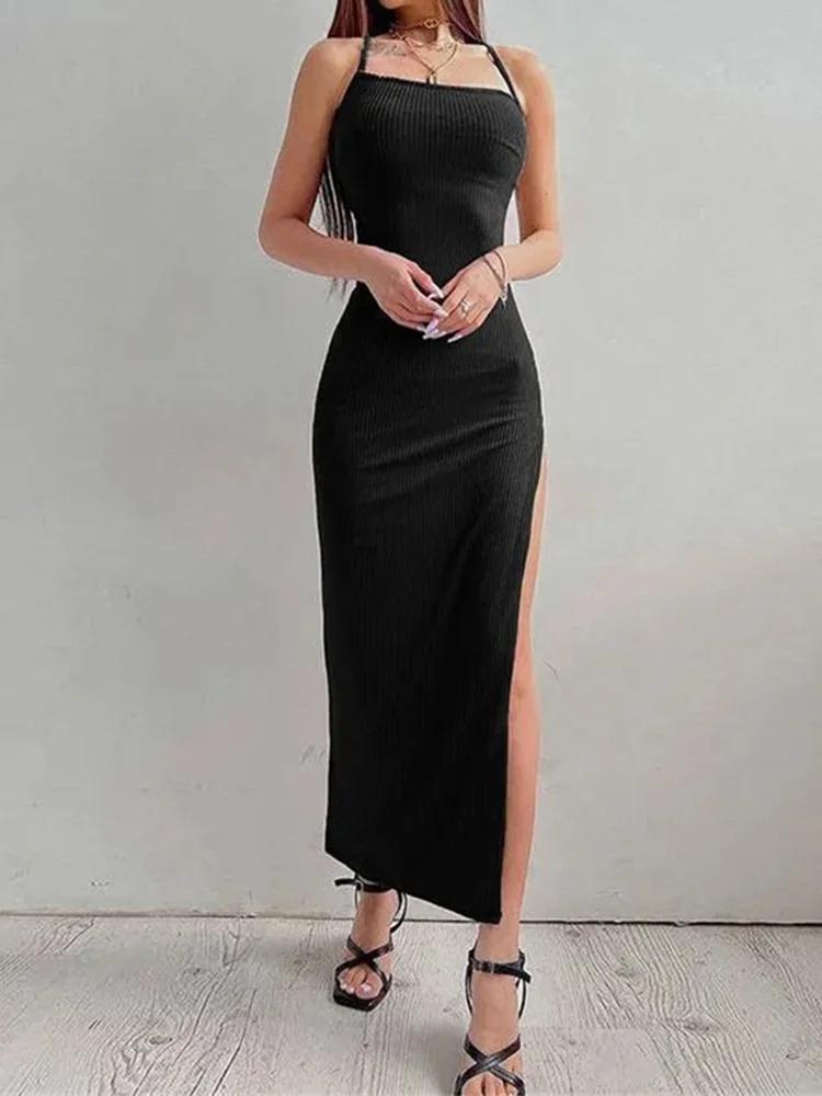 Robe longue noire moulante pour femmes, Sexy, sans manches, col licou, bretelles Spaghetti, fente ha