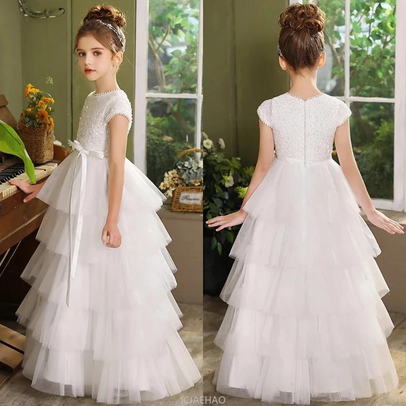 Robe de mariée blanche pour filles, tenue de princesse de spectacle pour enfants, Costume pour fête 
