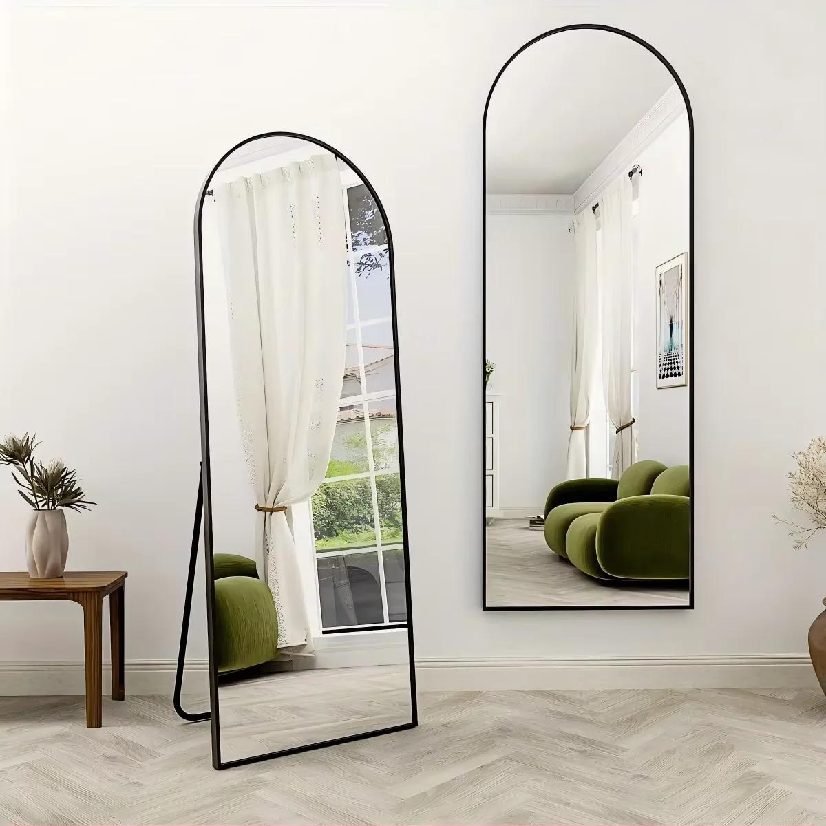 Miroir arqué pleine longueur, miroir de sol en arc avec support, miroir mural, miroir de face, dessu