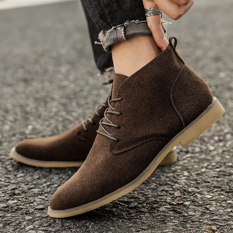 Tendance kaki bottines hommes bout pointu hommes Chelsea bottes haut en daim cuir chaussures pour ho