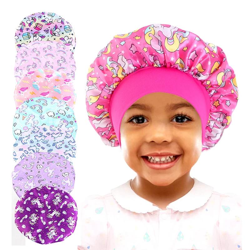 Dessin animé bébé enfants imprimer Satin Bonnet chapeau de sommeil casquette pour cheveux bouclés ré