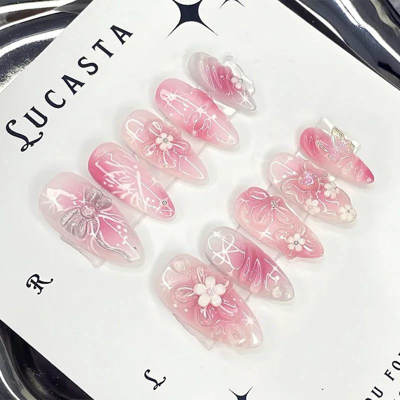 24 faux ongles à presser de longueur moyenne, forme amande, motif floral 3D ondulé, couverture compl