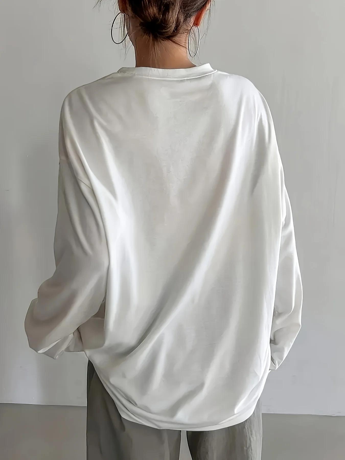 T-shirt à manches longues pour femmes, ample, col rond, polyvalent, blanc, 100% coton, confortable, 