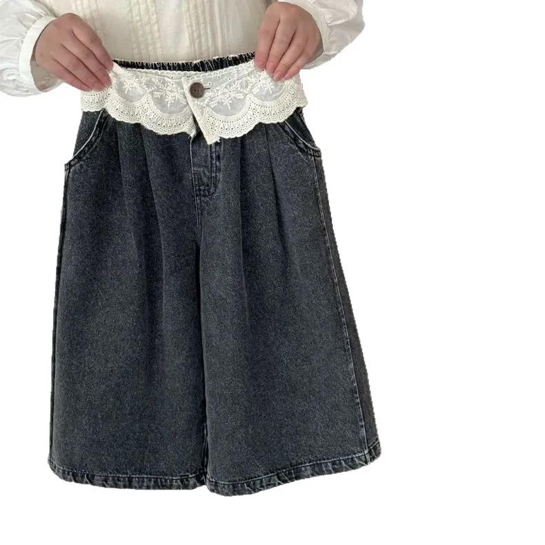 UNITIM Jeans amples en denim pour filles de 2 à 8 ans, avec patchwork en dentelle, pantalon droit dé