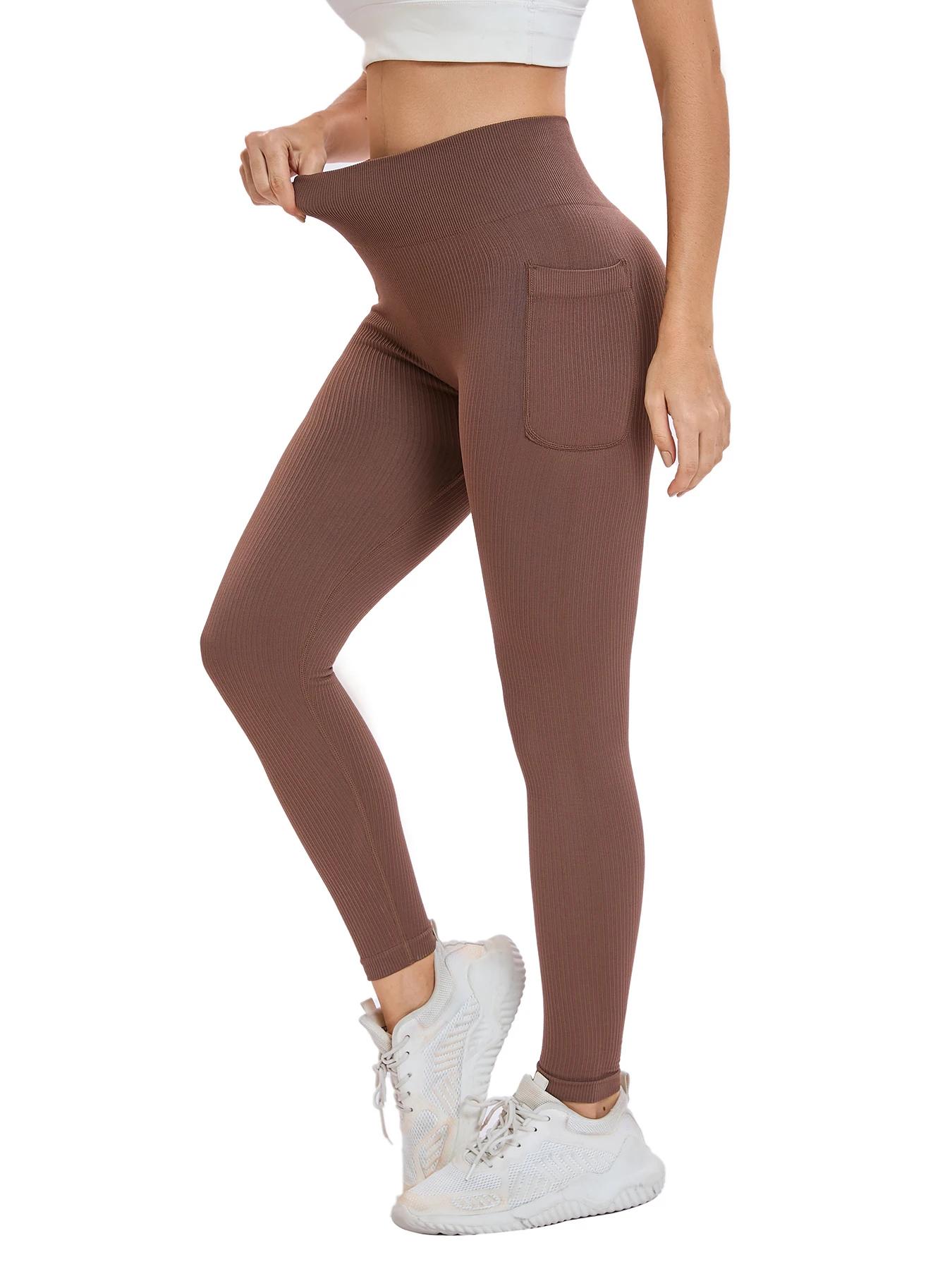 Leggings sport femme taille haute sans couture - Yoga fitness avec poche couleur unie