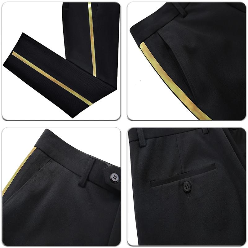 Pantalon de costume noir pour hommes, garniture en cuir doré, décontracté, formel, pour le bureau, é