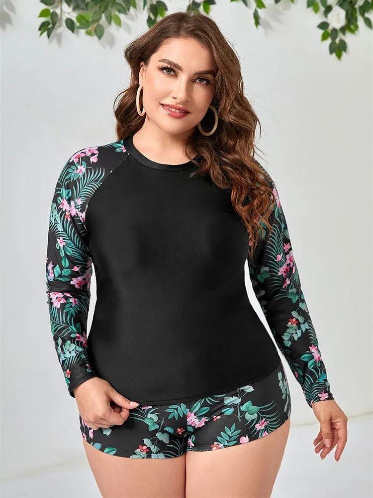Maillot de bain deux pièces femme grande taille manches longues - Protection solaire été 2024 Tankini