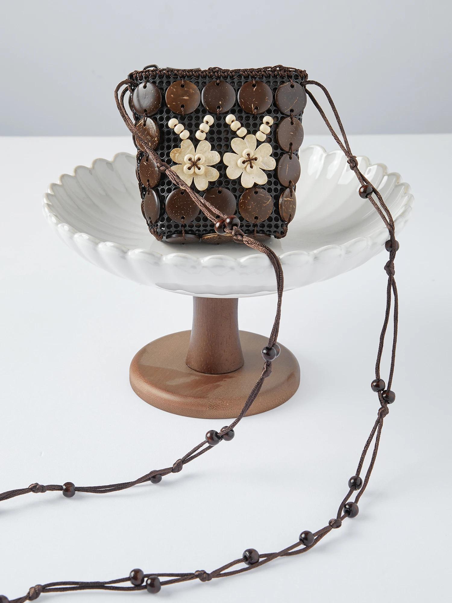 Sac bandoulière mini en perles de bois tressé à la main ZIQIAO 2026 pour femme - Style rétro avec ac