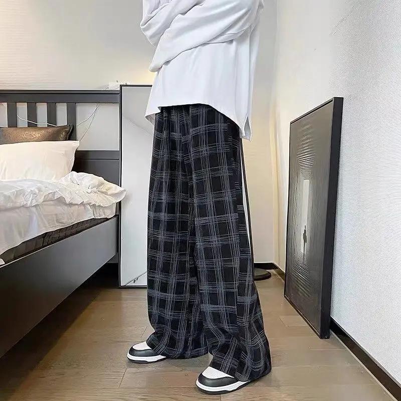 Printemps été velours côtelé Vintage Plaid pantalon hommes Streetwear jambe large Baggy pantalon Har