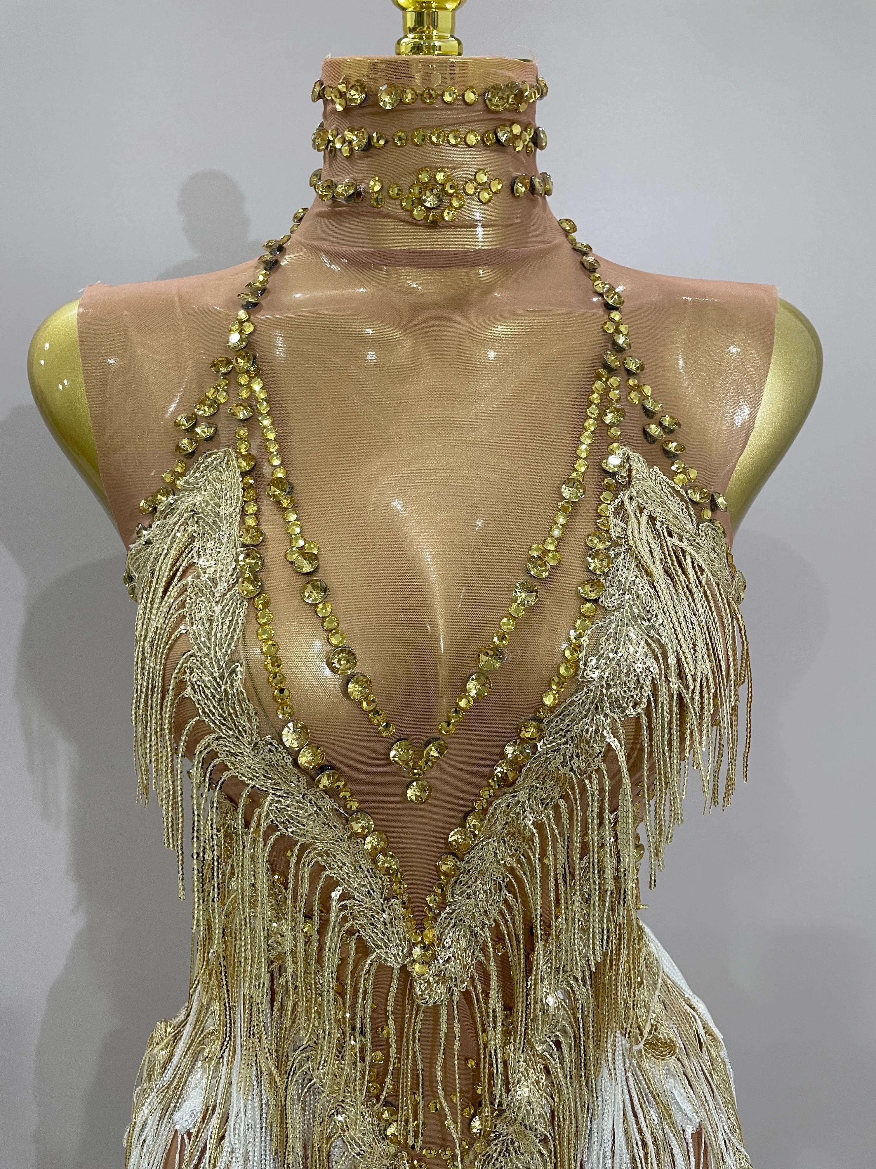 Stock 2025 femmes Sexy maille extensible brillant strass glands Mini robe discothèque chanteur danse
