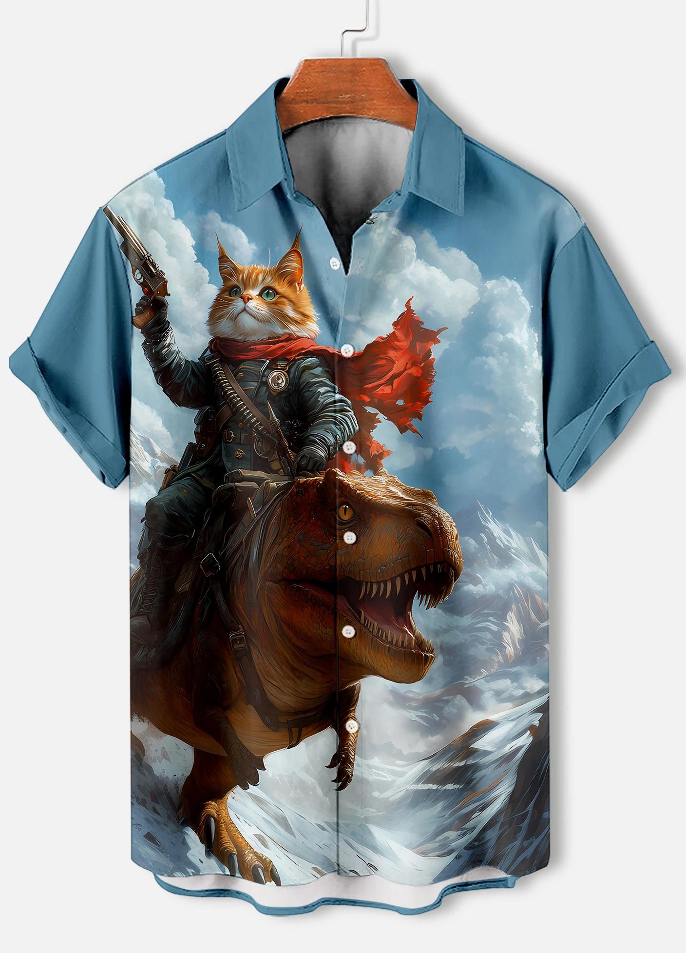 Chemise à manches courtes pour hommes, rétro, dessin animé, thème chat, hauts à manches courtes, mod