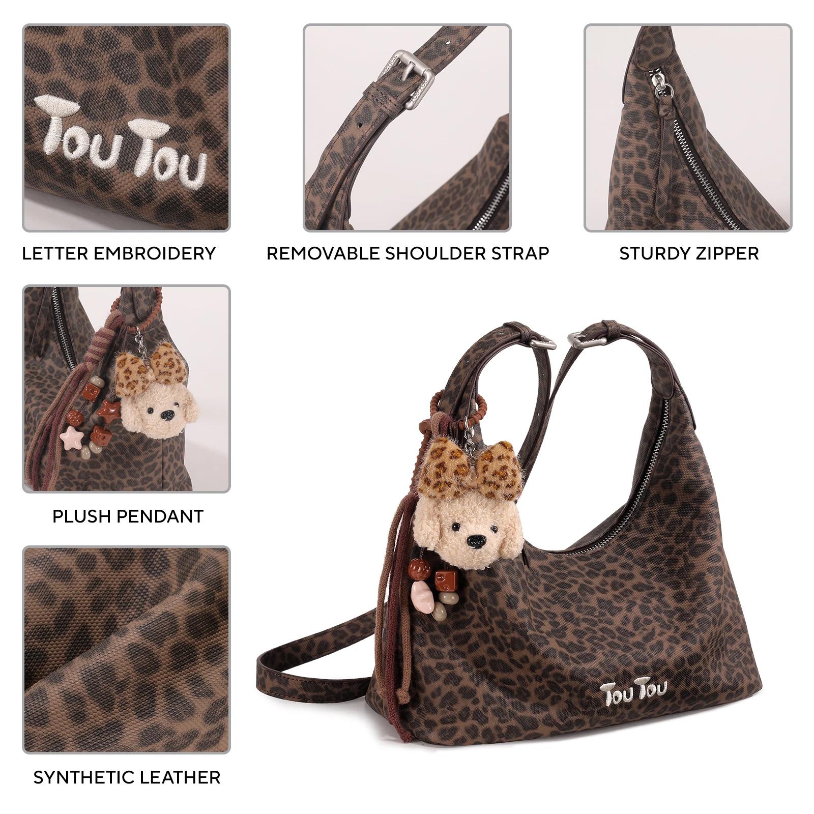 Sac à bandoulière toutou y2k à imprimé léopard, avec pendentif chiot mignon, sac hobo de grande capa