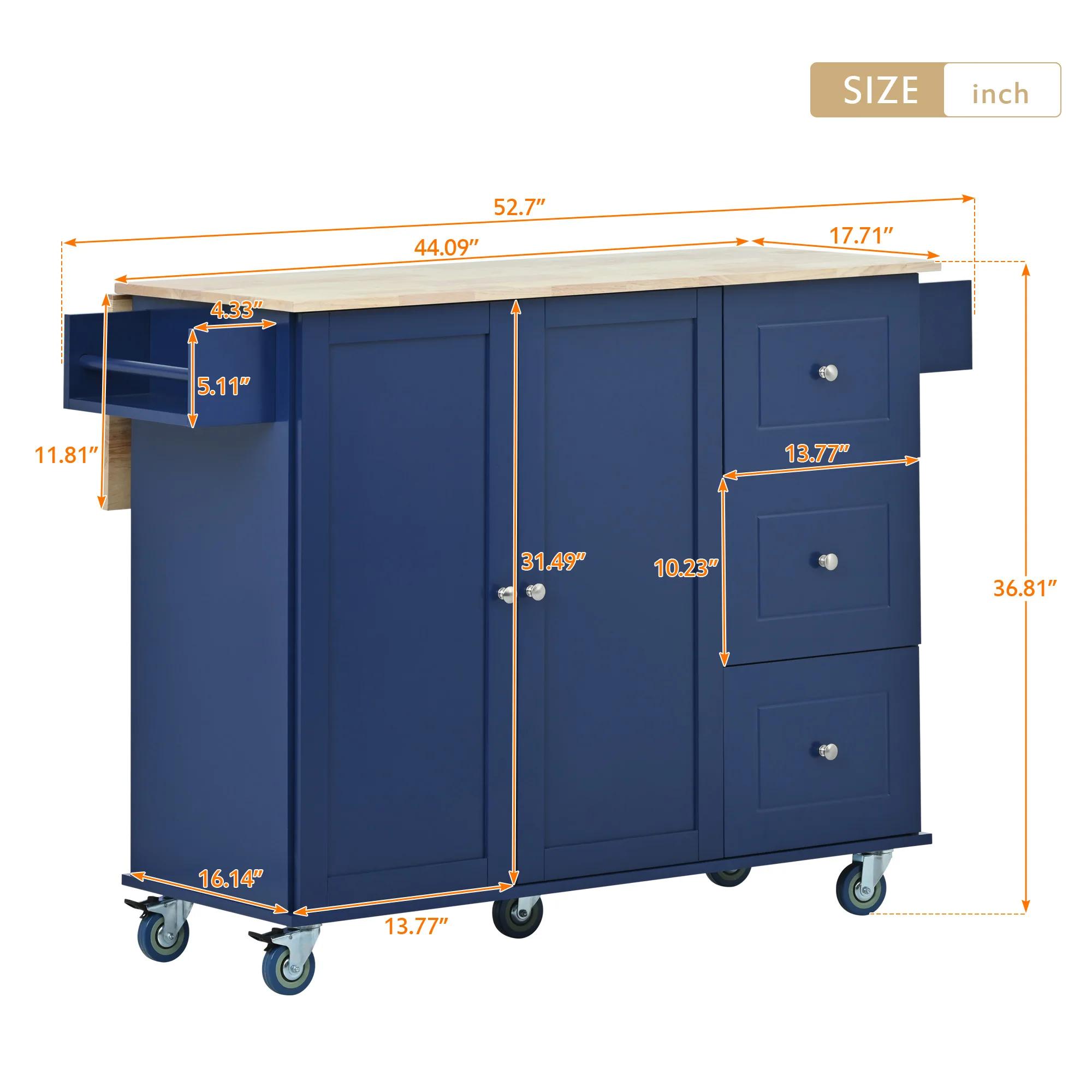 Îlot de cuisine mobile roulant avec plateau en bois massif et roues de verrouillage, armoire de rang