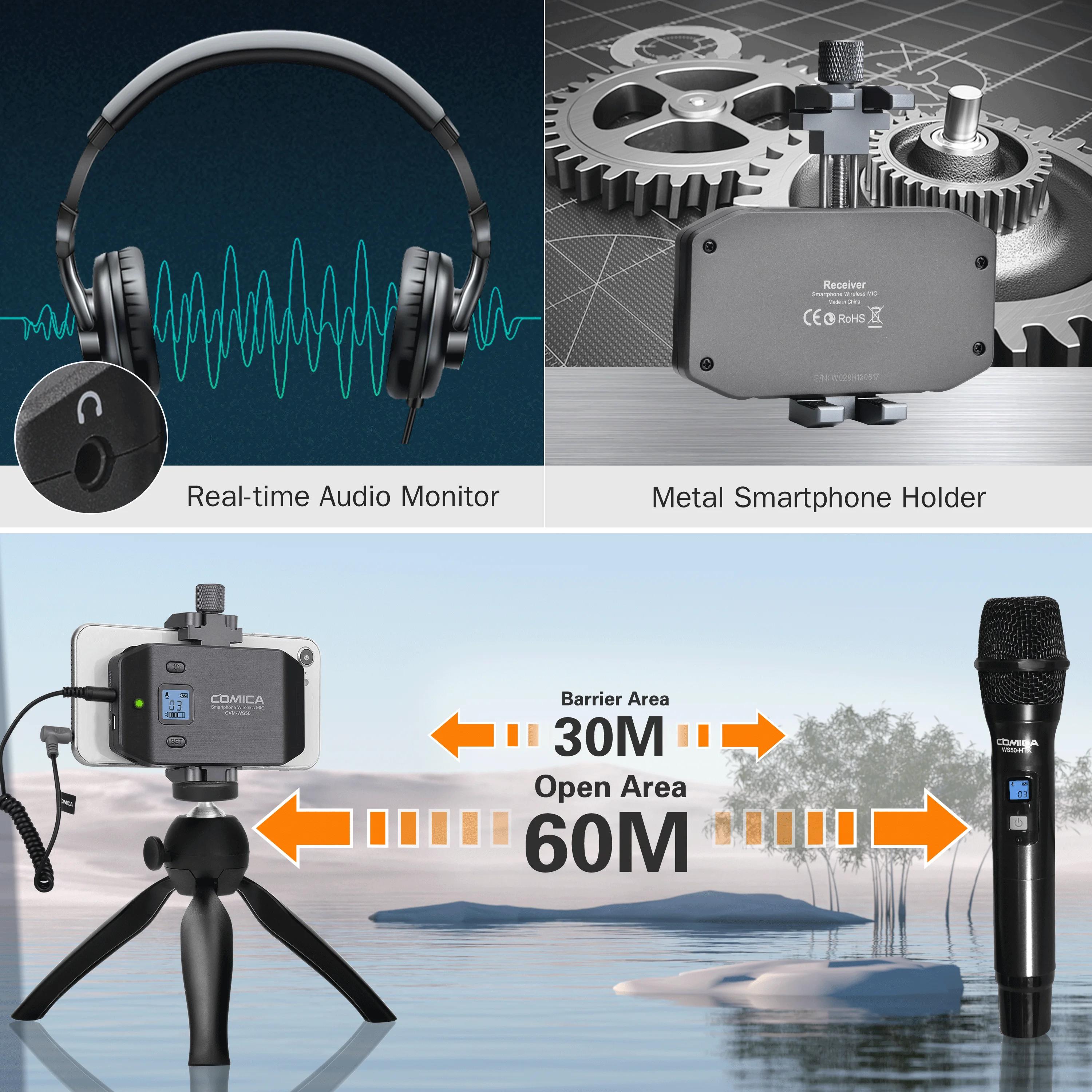 Microphone portable COMICA CVM-WS50H, microphone sans fil UHF, 6 canaux, micro à condensateur pour i