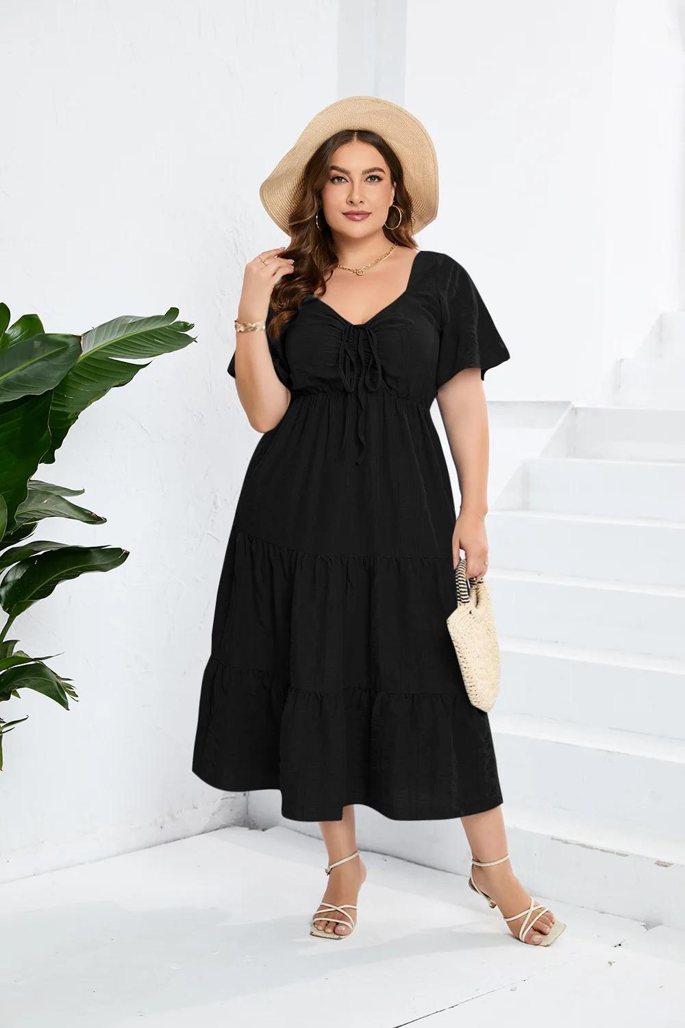 Robe longue d'été grande taille pour femmes, manches courtes, taille haute, Sexy, col en V, élégante