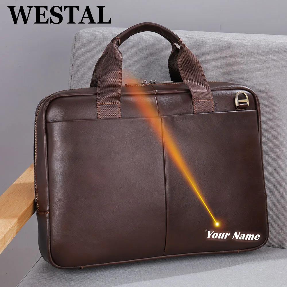 WESTAL – sac en cuir véritable pour hommes, sacoche pour ordinateur portable, mallette pour Document