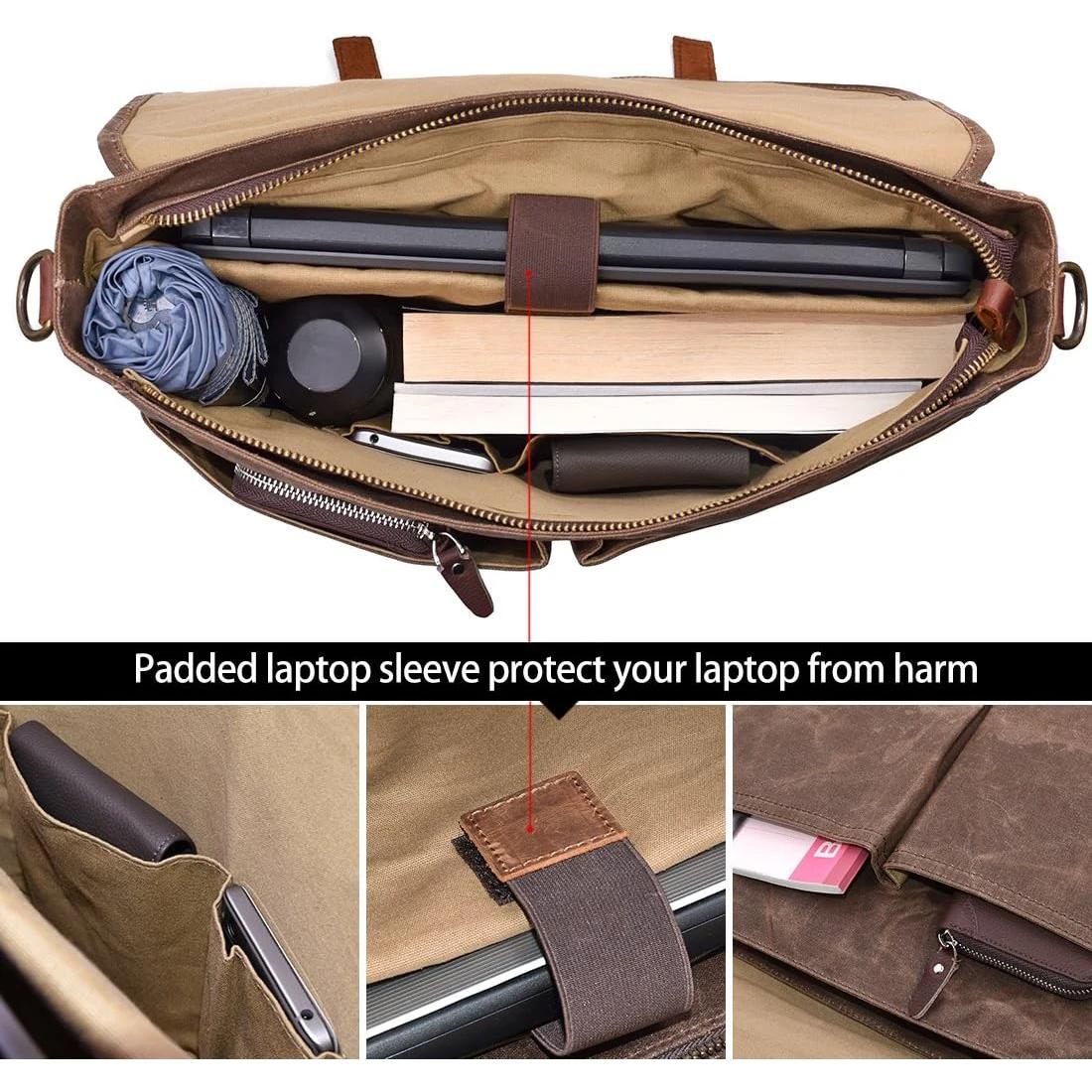 Sac messager de grande capacité pour hommes, sac en toile robuste pour ordinateur portable 15.6 pouc