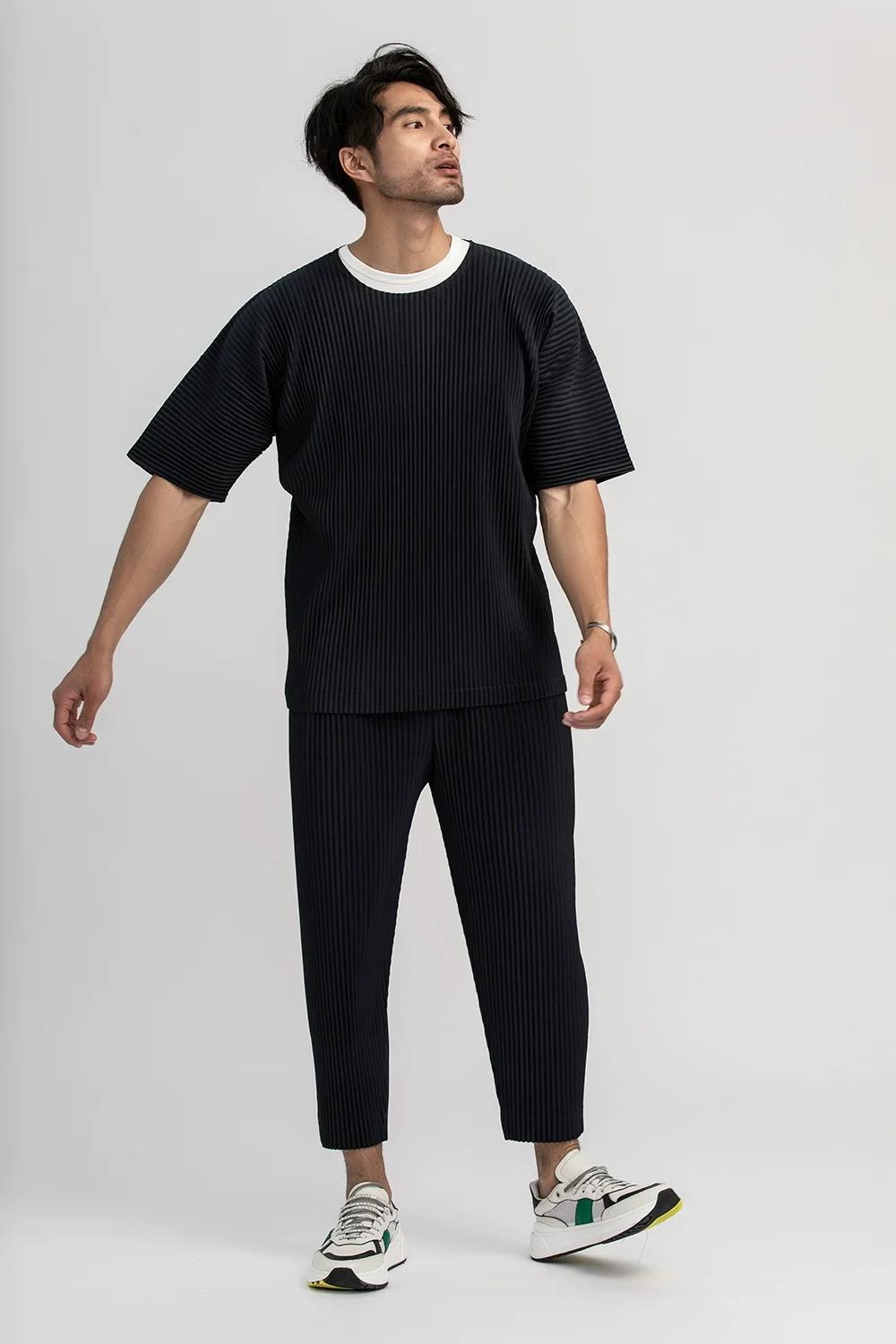 T-shirt à manches courtes et col rond pour homme, haut de sport, fin, respirant, solide, plissé, été