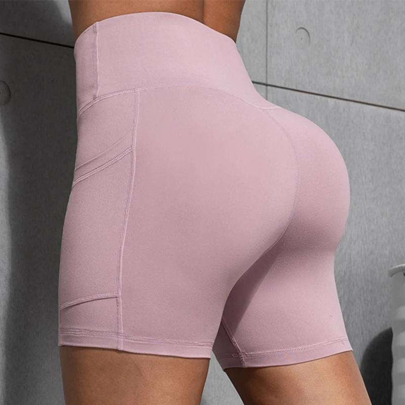 Femmes Shorts avec poches Sexy bout à bout Fitness collants de cyclisme mince couleur unie taille ha