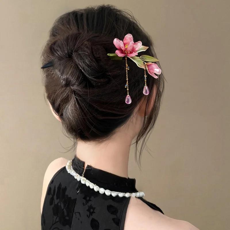 Épingle à cheveux florale de Style chinois, pompon de fleur rose, accessoire de cheveux élégant Hanf