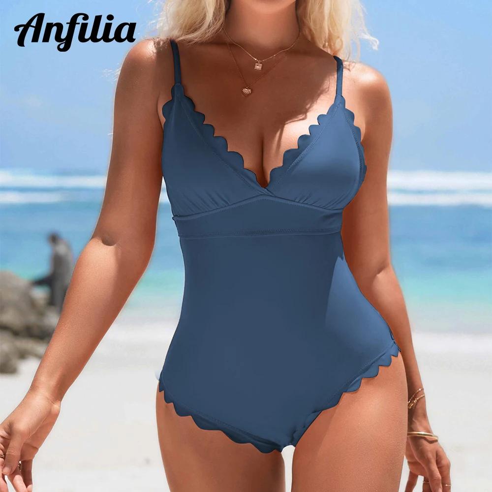 Anfilia femmes mode une pièce maillot de bain solide festonné garniture haute élastique avec amovibl