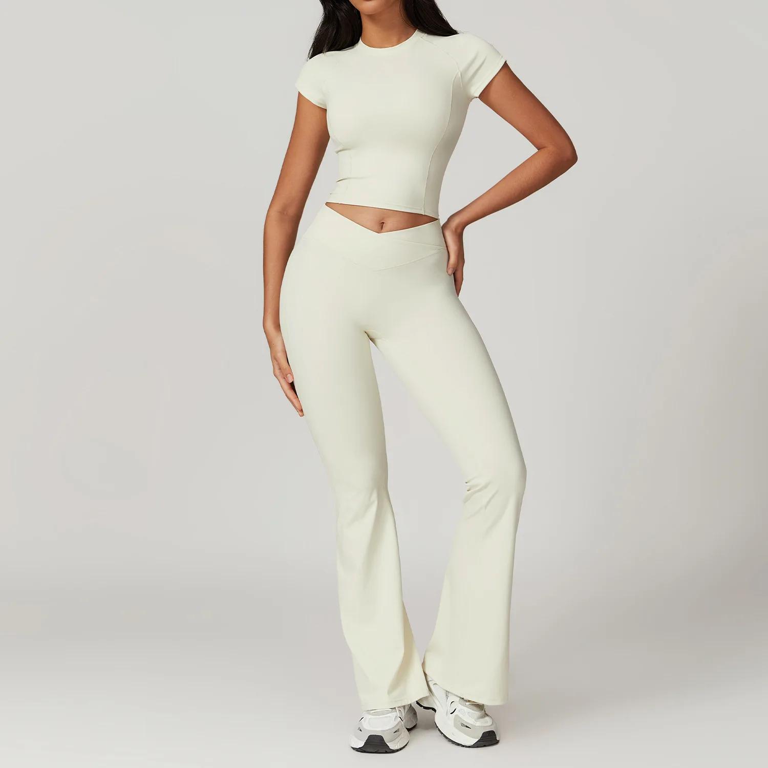 Ensemble yoga 2 pièces pour femmes - Haut court manches courtes et leggings fitness sport gym