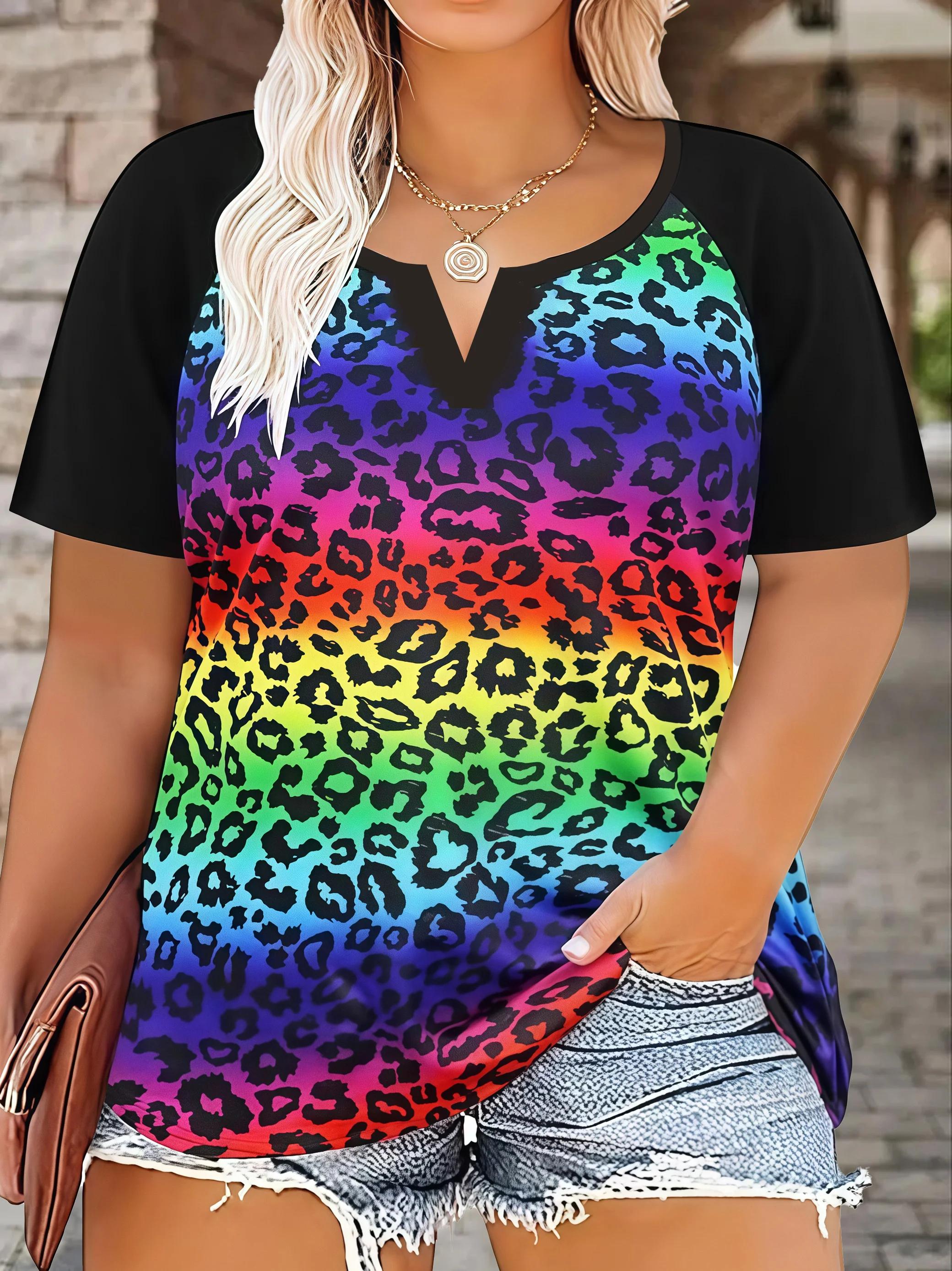 T-Shirt à manches courtes pour femmes, coupe ample, décontracté, imprimé Floral léopard, grande tail
