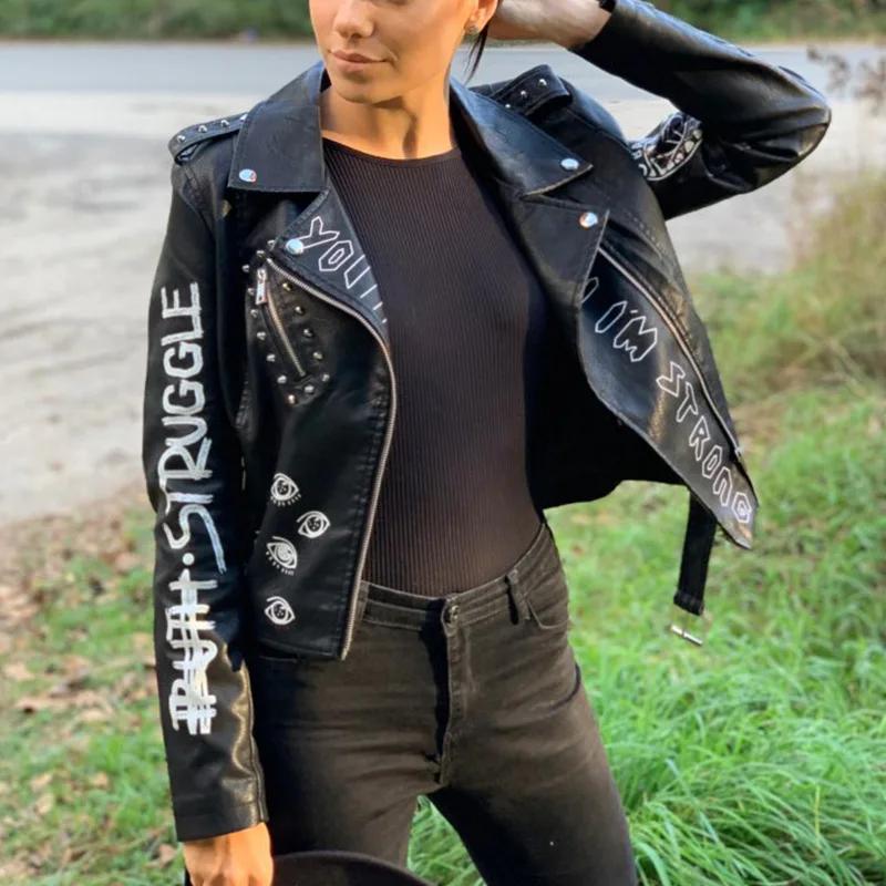 Fitaylor automne hiver femmes Graffiti imprimé veste en simili cuir dame Moto vélo manteau en cuir P