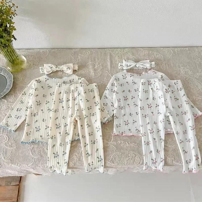 ‌ Nouveauté bébé filles imprimé fleuri coton pyjama ensemble à manches longues dentelle garniture de