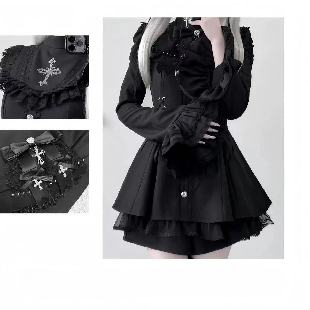 Robe gothique Lolita d'automne 2025, avec nœud noir, cœur doux, robe courte élégante à manches longu