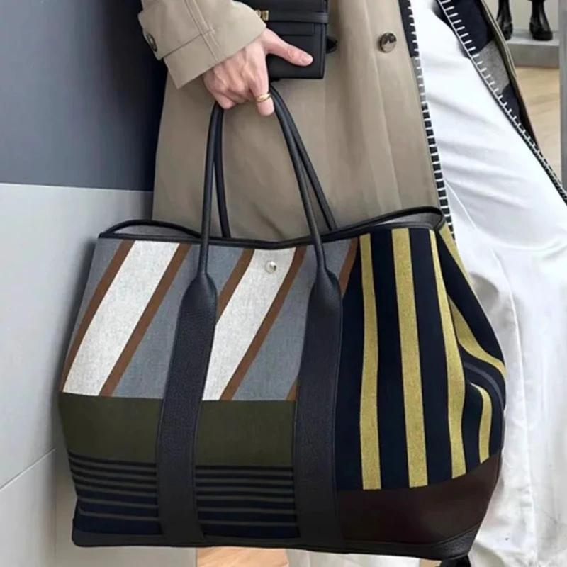 Sac fourre-tout de luxe en toile rayée avec bordure en cuir et poignées roulées, grand sac de course