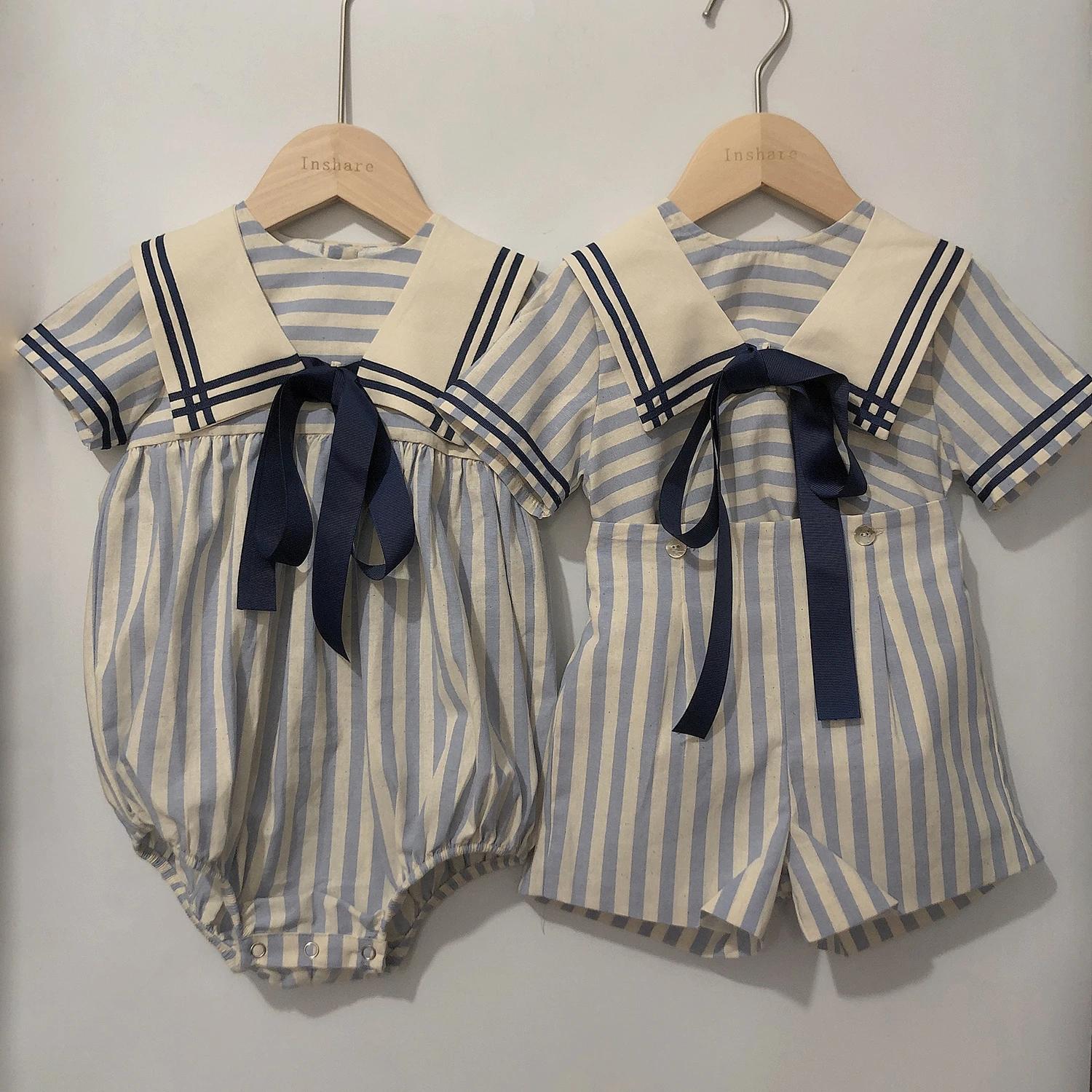 Vêtements Boutique pour bébés garçons et filles, barboteuse à rayures bleues et bleu marine, tenue V