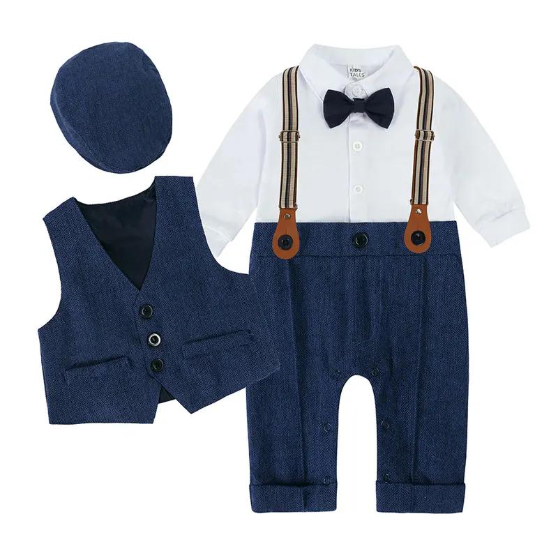 Vêtements de Style anglais pour bébé garçon, en coton, à manches longues, haut et bas, chapeau, gile