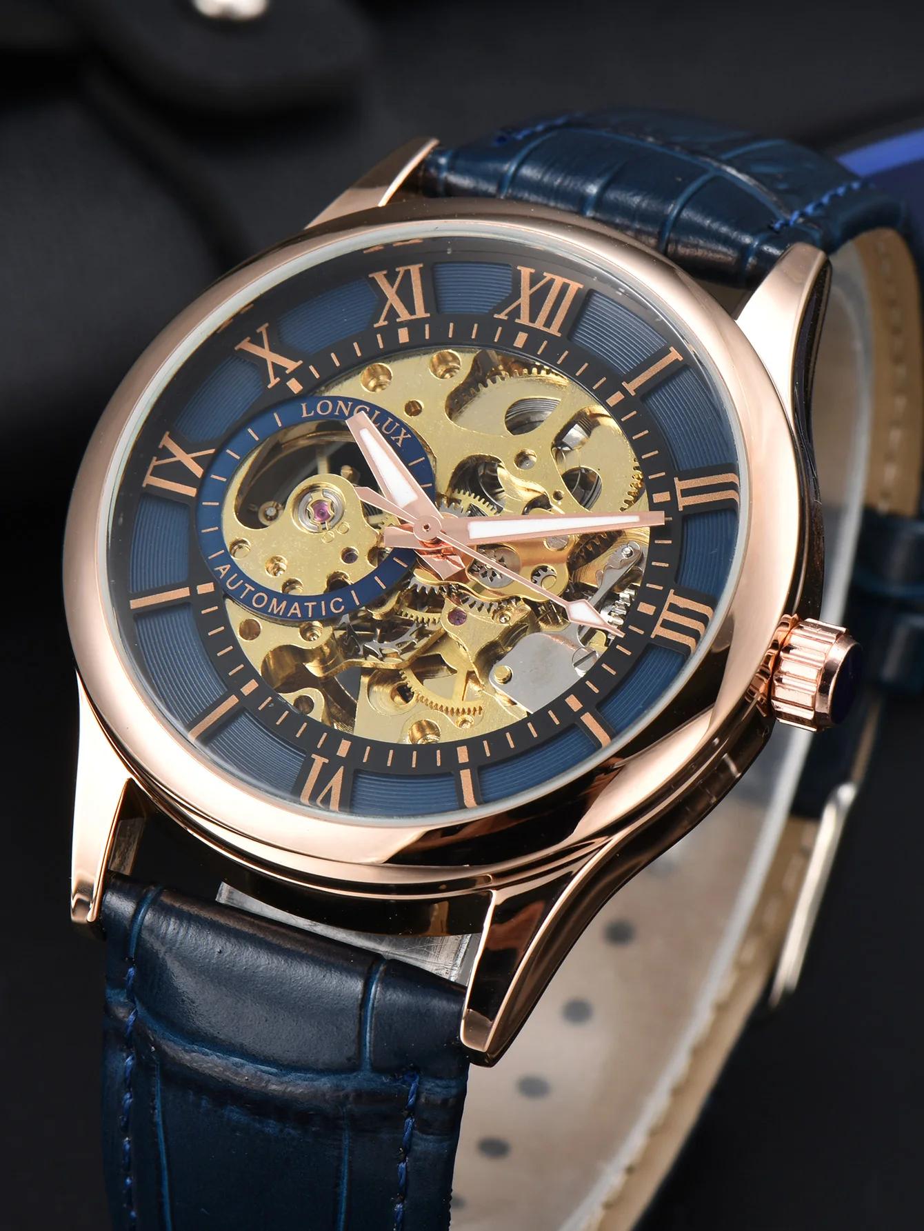 Montre automatique de luxe pour hommes, montres mécaniques rome, squelette étanche, cuir noctilucent