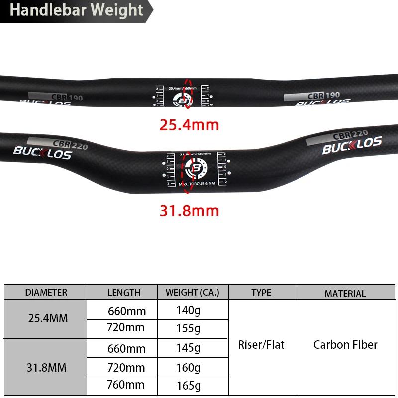 Guidon VTT carbone BUCKLOS 31.8mm 25.4mm ultraléger 660/720/760mm riser barre pièces