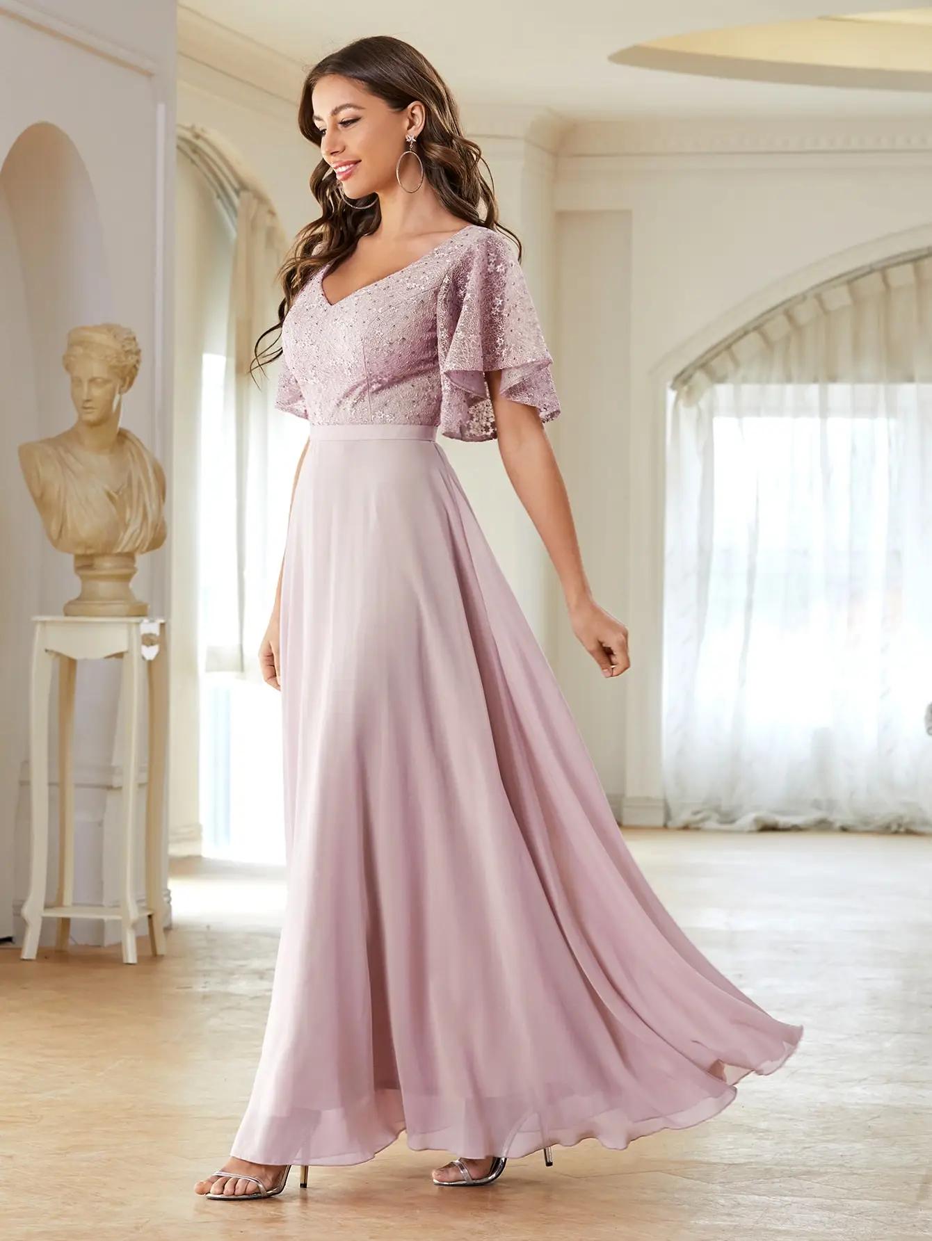 Mgiacy col en v demi manches en mousseline de soie extra longue dentelle patchwork robe élégante rob