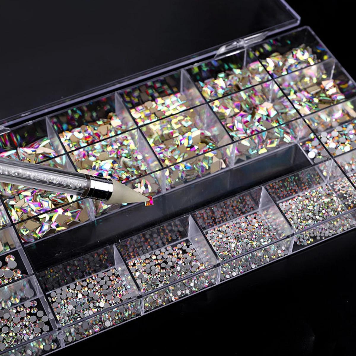 Boîte à strass à 21 grilles, mélange de diamants pour ongles, verre plat en forme de diamant, bricol